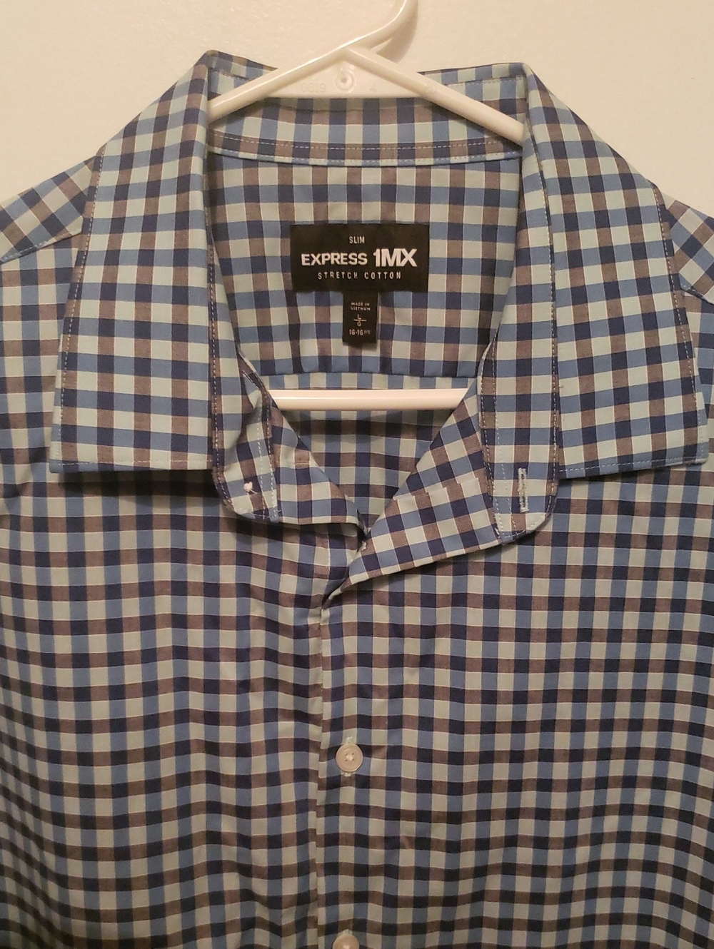 Express Men's Stretch Cotton Blue and White Check Button-Down Shirt